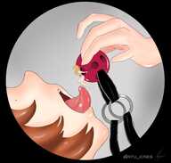 drawing vore tongue saliva domination shrunken_woman open_mouth gag bdsm blindfold no_background nyu_kinks