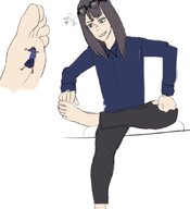 drawing feet black_hair color long_hair clothed toes barefoot soles anime smiling sitting foot_crush shrunken_woman sketch looking_down freckles legs_crossed bangs stuck_to_foot no_background looking_at_tiny cutaway keep_your_hands_off_eizouken kanamori_sayaka asakusa_midori paprikax