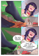drawing giantess feet blushing comic black_hair color long_hair destruction toes cleavage buildings soles anime castle low_angle smiling story socks elf witch town looming collar teasing looking_down outdoors jewelry thigh_highs dialogue panels annoyed bangs debris raised_feet flick pointed_ears cutaway bubimun