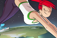 breasts drawing giantess earth giga color large_breasts clothed cleavage red_hair ponytail frankie_foster pants yoga earrings stretch fosters_home_for_imaginary_friends picjusbro cartoon_network hair_pin