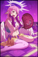 drawing giantess karbo vore blushing wings color large_breasts long_hair smiling pink_hair sitting open_mouth inside_stomach source_needed jibril no_game_no_life cutaway bare_midriff