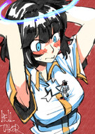 drawing blushing angel black_hair color blue_eyes clothed anime high_angle embarrassed short_hair shrunken_man nervous halo no_background on_chest looking_at_tiny on_breasts arukarifurin helltaker azazel_(helltaker)