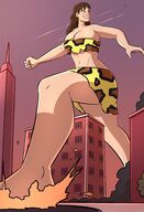 breasts drawing giantess city color long_hair destruction rampage cleavage bra skirt buildings brunette smiling walking outdoors looking_back leopard_print bare_midriff caiman2