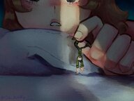 drawing blushing long_hair brunette lying_down shrunken_man dangle between_fingers upside_down pinched on_kinky