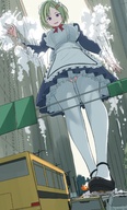 breasts drawing giantess city color destruction rampage traffic green_hair short_hair walking maid_uniform vehicles outdoors