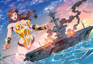 drawing long_hair destruction cleavage ocean brunette smiling island fire looking_down outdoors birds ships aircraft_carrier ron_zabala