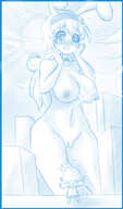 drawing nude blushing city long_hair bunny_ears buildings surprised looking_down outdoors choker hairband soreavacado