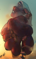 breasts drawing giantess white_hair feet alien color large_breasts long_hair destruction clothed toes barefoot buildings soles angry low_angle underboob queen looking_down mask between_toes jewelry looking_at_viewer raised_foot skimpy_clothing queen_tyrahnee duck_dodgers black_skin rammzi cartoon_network