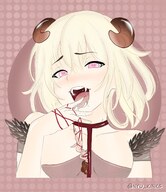 drawing vore blushing horns blonde tongue saliva smiling succubus short_hair bondage fangs shrunken_woman open_mouth bdsm shibari nyu_kinks