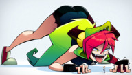 drawing giantess color tongue butt clothed saliva yellow_eyes red_hair short_hair crawling looming shrunken_man open_mouth bracelet no_background looking_at_tiny bare_legs ravenravenraven demencia villainous cartoon_network