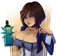 drawing blue_eyes cleavage huge_breasts brunette smiling short_hair looking_down corset choker tinies pinched elizabeth bioshock_infinite bioshock elizabeth_comstock ravenravenraven between_breasts between_fingeres