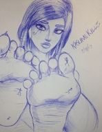 drawing nude feet monochrome long_hair toes barefoot soles smiling shrunken_people pencil_drawing on_foot looking_at_viewer legs_crossed stuck_to_foot makeup climbing_foot raised_feet on_toe overwatch kasumikills pharah