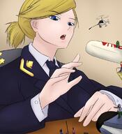 drawing blonde color blue_eyes clothed low_angle short_hair shrunken_people looking_down desk microphone etz natalia_poklonskaya looking_at_tinies