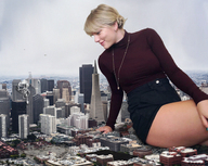 giantess collage giga city mega blonde clothed short_hair sitting looking_down aerial_view cellphone taylor_swift thick_thighs ia-r-d