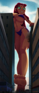 bikini breasts drawing giantess panties city mega alien color large_breasts long_hair butt destruction toes barefoot buildings soles green_eyes low_angle camel_toe raven teen_titans red_hair starfire underboob looming looking_down vehicles thighs outdoors between_buildings cracked_pavement dc_comics orange_skin bare_legs ravenravenraven bare_midriff looking_at_tinies jinx_(teen_titans) lifting_bra