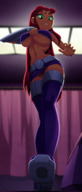 breasts drawing panties upskirt alien color large_breasts long_hair butt cleavage green_eyes stockings low_angle camel_toe raven teen_titans red_hair starfire boots underboob looming shrunken_woman looking_down indoors belt imminent_crush dc_comics orange_skin titan_tower ravenravenraven bare_midriff looking_at_tinies jinx_(teen_titans) lifting_bra