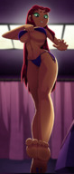 bikini breasts drawing panties alien color large_breasts long_hair butt toes barefoot soles green_eyes low_angle camel_toe raven teen_titans red_hair starfire underboob looming shrunken_woman looking_down thighs indoors imminent_crush dc_comics orange_skin titan_tower ravenravenraven bare_midriff looking_at_tinies jinx_(teen_titans) lifting_bra