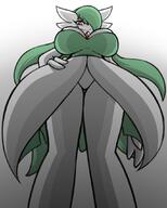 drawing giantess pokemon upskirt color long_hair clothed red_eyes huge_breasts low_angle green_hair dress gardevoir looming looking_down thighs point_of_view looking_at_viewer commission hand_on_hips bare_legs one_eye_covered colacoot lime-knight alexis_(lime-knight)