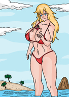bikini drawing gentle giantess blonde color blue_eyes beach cleavage water huge_breasts between_breasts archangemon