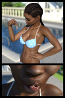 vore black_hair swimsuit clothed handheld cleavage sequence smiling pool shrunken_man inside_mouth dangle dark_skin outdoors jewelry panels skimpy_clothing looking_at_tiny digital_render bare_midriff vorifax cornrows