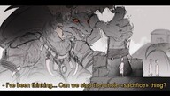 drawing nipples giantess furry anthro monochrome large_breasts text cleavage buildings snake humor reptile tribal bones outdoors jewelry orange_eyes necklace sacrifice dialogue sharp_teeth scalie looking_at_tiny thesociallyawkwardpinguin splash_of_color