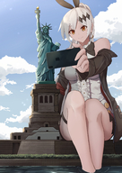 drawing gentle giantess white_hair upskirt color long_hair butt bunny_ears clothed water smiling island sitting phone thighs outdoors jacket orange_eyes earrings commission statue_of_liberty selfie bare_legs photographing girls_frontline gtscommissions five-seven_(girls_frontline)
