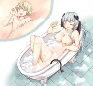 drawing gentle nude blushing horns tail wings color bath shrunken_man grey_hair closed_eyes between_breasts kaxukin