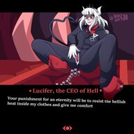 drawing white_hair feet horns color long_hair clothed text toes soles anime demon red_eyes insole smiling socks gloves succubus sitting demoness hell shrunken_people looking_down on_foot inside_clothing legs_spread in_socks panty_entrapment bangs looking_at_tiny clothing_entrapment inside_socks helltaker lucifer_(helltaker) nauartn