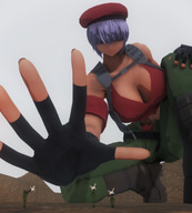 giantess large_breasts clothed handheld cleavage purple_hair military low_angle gloves reaching fighting hand_crush dark_skin grabbing outdoors crouching guns weapons bangs 5nbe digital_render beret metal_slug covered_eyes metal_slug_attack growth_(metal_slug)