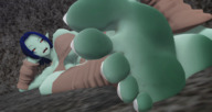 feet armor clothed sword toes cleavage soles red_eyes blue_hair knight lying_down underboob foot_crush shrunken_man open_mouth indoors monster_girl stuck_to_foot goblin sharp_teeth green_skin skimpy_clothing looking_at_tiny 5nbe pointed_ears digital_render