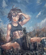 drawing giantess city black_hair color destruction buildings anime underwear sweat smiling yilx short_hair sitting muscles abs between_legs looking_down jets vehicles smoke outdoors idolmaster legs_spread debris makoto_kikuchi