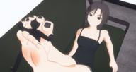 feet black_hair clothed toes barefoot soles high_angle brown_eyes smiling lying_down short_hair foot_play shrunken_man indoors between_feet nail_polish idolmaster raised_feet looking_at_tiny 5nbe digital_render bare_legs makoto_kikuchi