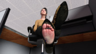 feet black_hair clothed toes soles low_angle smiling in_shoe asian ponytail shrunken_men sitting office trapped between_toes x-ray indoors under_foot looking_away legs_crossed raised_feet digital_render crushguy05