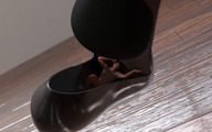 nude feet penis high_heels soles stockings high_angle insole in_shoe asian foot_crush shrunken_man indoors under_foot imminent_crush digital_render awkeygen