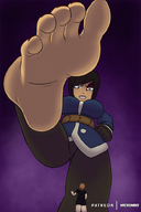 drawing feet blonde color clothed toes barefoot soles brunette low_angle smiling short_hair foot_crush looming shrunken_woman looking_down raised_foot hands_on_hips bangs imminent_crush wakfu no_background looking_at_tiny micromike frida_mofette