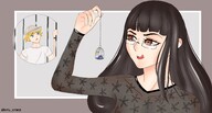 drawing black_hair color glasses shrunken_man cage licking_lips looking_at_tiny beatricegiganta nyu_kinks