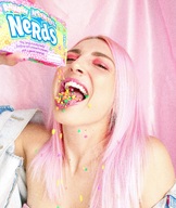 collage vore tongue pink_hair shrunken_people falling candy looking_at_viewer