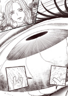 drawing micro comic monochrome long_hair eye unaware shrunken_people close_up eye_lashes point_of_view commission eyelid iris marvel_comics scarlet_witch ourhandsh on_eye marvel_cinematic_universe pupil