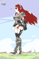 drawing giantess crush panties horns mega upskirt color large_breasts long_hair armor destruction skirt red_eyes red_hair boots walking thighs rage_of_bahamut gauntlets gamefreakdx forte