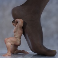 nude feet toes barefoot soles domination muscles shrunken_man dark_skin under_foot holding_up struggling imminent_crush digital_render loca-lyn