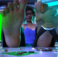 feet black_hair clothed toes barefoot soles glasses red_hair foot_worship sitting shrunken_woman dark_skin indoors curly_hair jetslasher on_table looking_at_tiny digital_render circuitboard