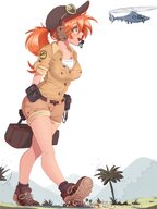 drawing giantess color large_breasts long_hair destruction clothed helicopter green_eyes shoes red_hair shorts walking unaware open_mouth sunglasses vehicles fleeing thighs outdoors trees vehicle_crush dialogue orange_hair running_away cap microphone unaware_crush headset looking_at_tiny distracted jurassic_park bare_legs ncmares yohomeboync yohomeboyraps park_ranger jenn_(ncmares)