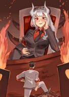 drawing white_hair blushing horns color clothed anime demon red_eyes smiling succubus sitting demoness hell shrunken_man wine bangs looking_at_tiny 까시 helltaker kkasi00 lucifer_(helltaker)