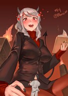 drawing white_hair blushing horns color clothed anime demon red_eyes low_angle succubus sitting demoness hell heart looming shrunken_man looking_down grabbing book looking_at_tiny 까시 helltaker kkasi00 modeus_(helltaker)