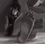 drawing feet monochrome toes barefoot soles dragon_ball shrunken_man close_up goku between_toes chi_chi looking_at_tiny hair_bun chichi artclonov