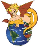 drawing giantess earth giga horns tail wings blonde color planet huge_breasts lying_down looking_down sharp_teeth no_background cosmic_giantess