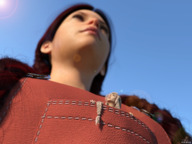 giantess white_hair red_hair shrunken_woman pocket looking_up low_view digital_render vorifax