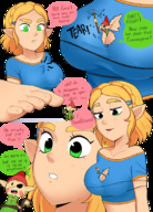 drawing blonde color large_breasts cleavage green_eyes shrunken_man minish pointed_ears the_legend_of_zelda between_breasts punishedmosquito princess_zelda