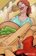 drawing color cleavage red_hair unaware shrunken_woman eating open_mouth giantessfan in_food sedna-studio-art