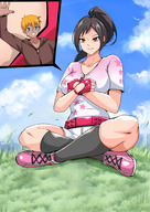 drawing gentle blushing black_hair color large_breasts male blue_eyes clothed sitting shrunken_man outdoors orange_eyes commission nonoririn nightingale122 leon_(nightingale122) maple_(nightingale122)